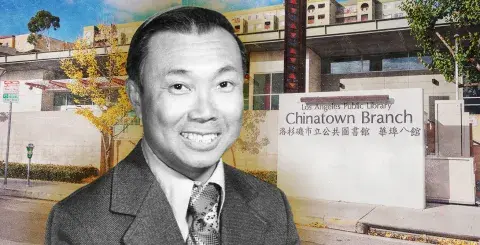 Portrait of Dr. William "Bill" Chun-Hoon and the Chinatown Branch Library in the background