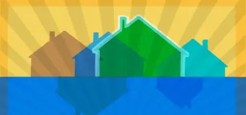 blue, green and yellow houses illustration