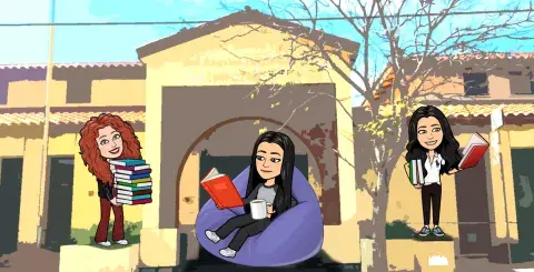 comic of 3 teens in front of the library
