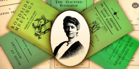 Gertrude E. Darlow (1864-1949) surrounded by some of the books she reviewed