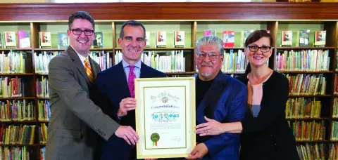 City Librarian John Szabo, Mayor Eric Garcetti, Poet Laureate Luis J. Rodriguez, and Cultural Affairs Director Danielle Brazell  