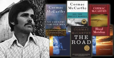Cormac McCarthy and a collage of his books