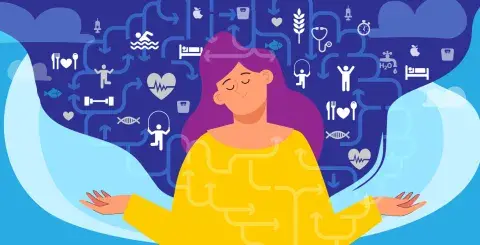 Illustration of person with eyes close and hands out in a connected mind and body posture