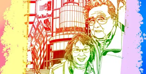 A colorized coloring page of Joseph and Elizabeth Yamada