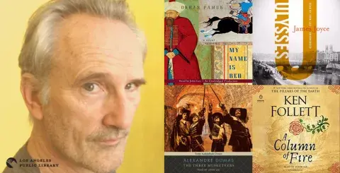 John Lee and the cover of four of the audiobooks he has narrated