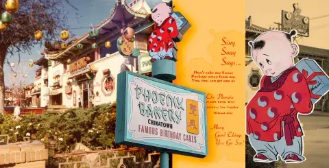 Phoenix Bakery in early 1940s Central Plaza, current Phoenix outdoor sign and menu cover with Sing Song