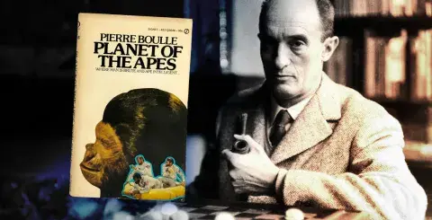 Colorize photo of French author Pierre Boulle and his science fiction book, Planet of the Apes