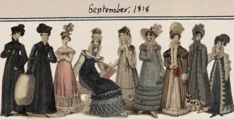 colored drawing of women's clothes from 1845