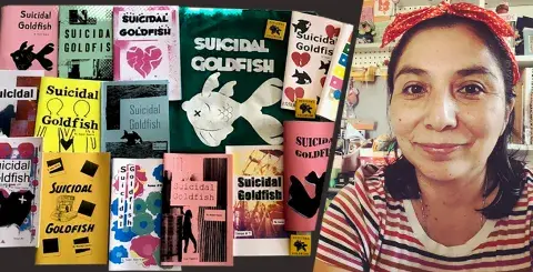 Zine author, Suemi Guerra and her zine, Suicidal Goldfish