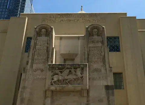 Exterior view of the Flower street entrance of the library