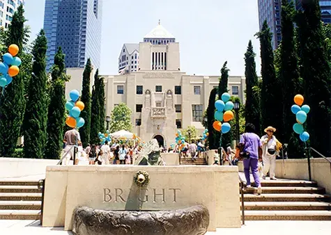 front steps of the library with festive balloons