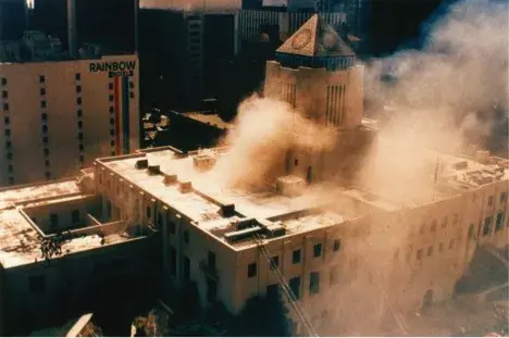 Aerial view of fire, April 29,1986
