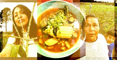 Collage of author with family and bowl of soup with corn