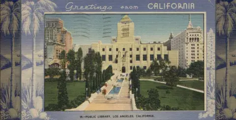 Linen postcard featuring Central Library, postmarked March 1943 