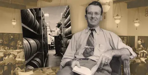 John Bernhill Phillips, the first designated Central Library director. Shelves of film reels in the Audio-Visual Department