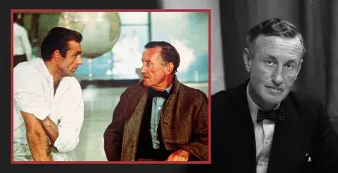 Sean Connery with Ian Fleming on set next to a headshot of Ian Fleming