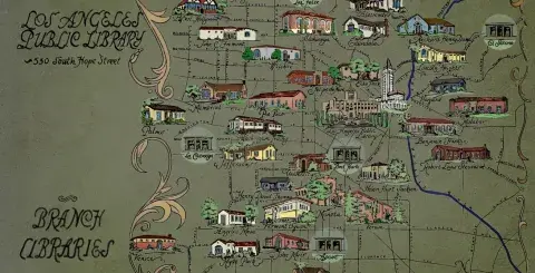 Map of Los Angeles Public libraries by Abigail Lois Cleaves. Colorized version