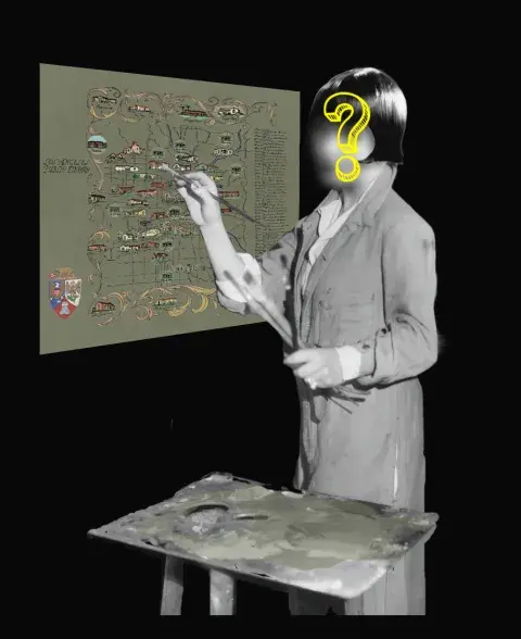 woman with a question mark covering her face painting a mural near an easel