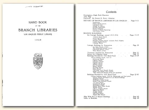 Title page and table of contents from the Hand Book of the Branch Libraries