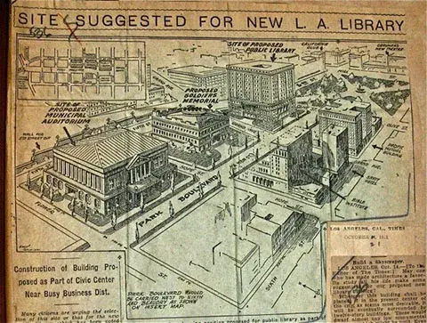 Newspaper article titled "Site Suggested For New L.A. Library." An image in the newspaper shows an overhead view of the proposed Park Boulevard.