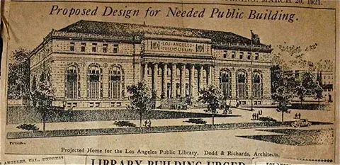 Newspaper article titled "Proposed Design for Needed Public Building" with a sketch of the building in the center.