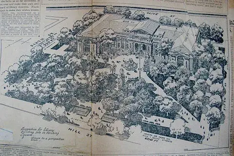 A newspaper clipping showing a sketch of the library at the center of Pershing Square park.
