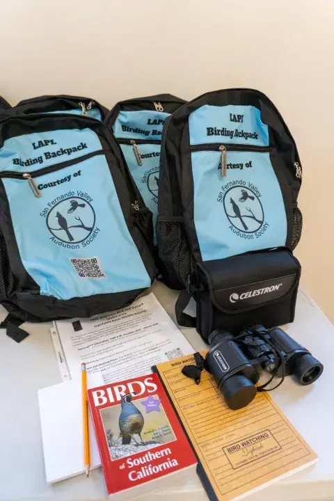 contents of birdwatching kit, including backpacks, books, binoculars 