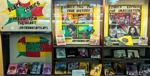 A comic book display at a library.