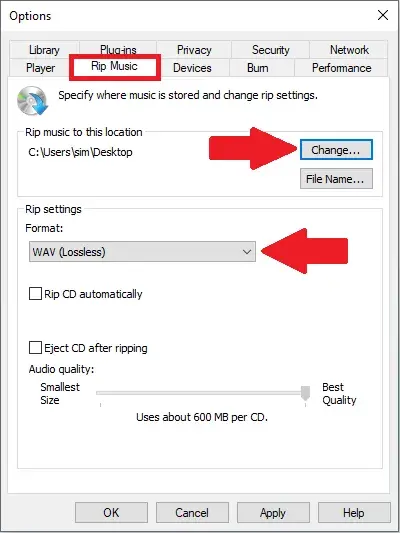 Screenshot of the "Rip Music" tab with arrows pointing at the "change" button and "format" drop-down menu.
