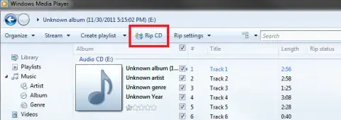 Screenshot of Windows Media Player highlighting the "Rip CD" button.