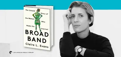 Author Claire Evans next to their book "Broad Band."