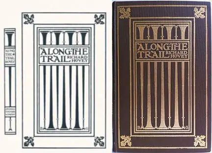 A sketch for the spine and cover of the book "Along the Trail" next to finished brown cover of the same book.