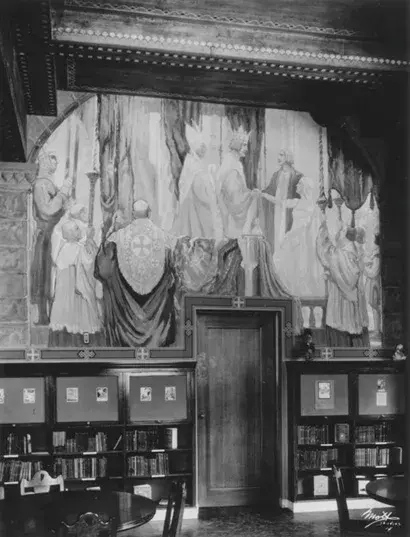 Painted mural depicting a scene from the story Ivanhoe in a library reading room.