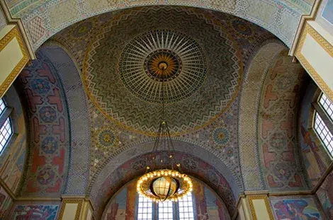 Painted mural on the ceiling of the library rotunda.