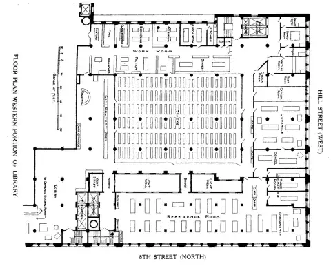 Floor plan of the Western Portion of the library with the stacks in the middle and the Reference Room at the bottom.