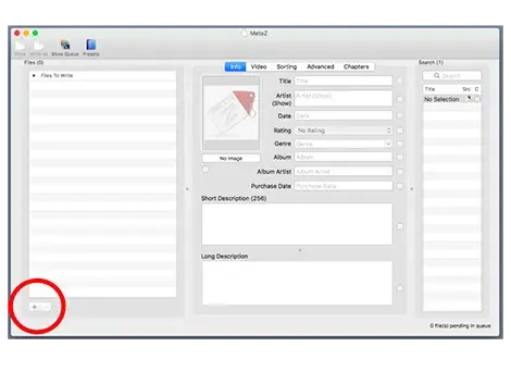 Screenshot of MetaZ with a red circle highlighting the plus button on the left bottom corner.