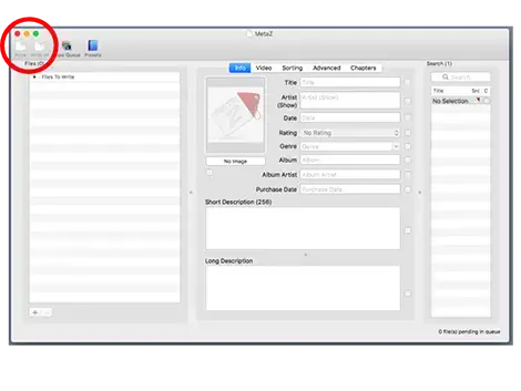 Screenshot of MetaZ with a red circle highlighting the "Write" icon in the top left corner of the window.