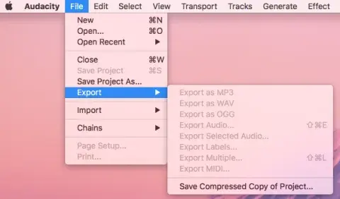 Audacity export menu