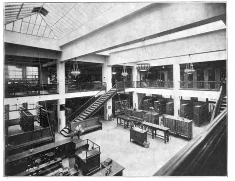 Interior of library, viewed from the second floor.