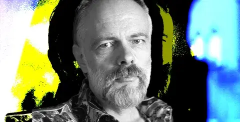 Author Philip K Dick against a surreal background