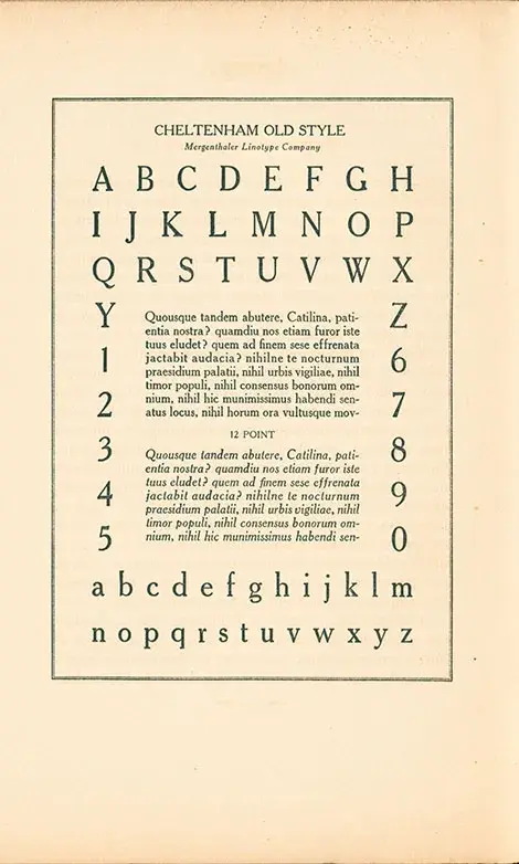 Page showing the Cheltenham Old Style font with various letters and numbers.