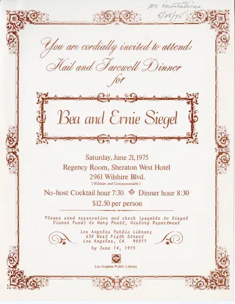 Invitation to Siegel's farewell dinner. 