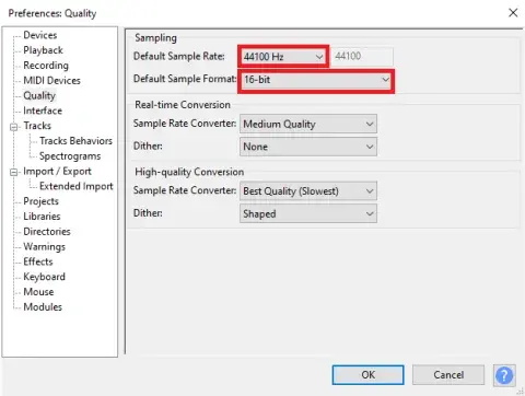 screenshot showing quality preferences on Audacity