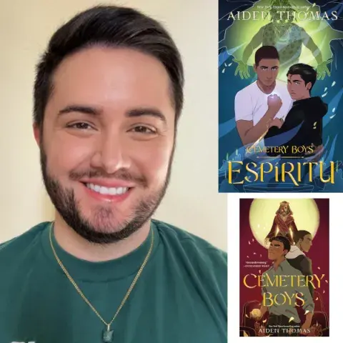 Aiden Thomas and the cover of his two books