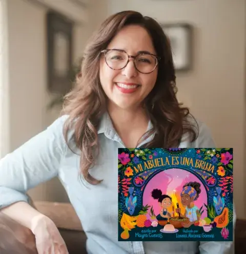 Mayra Cuevas and the cover of her book.