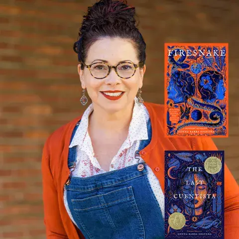Donna Barbara Higuera and the covers of her two books.