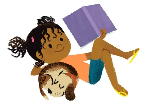 Illustration of a child reading a book with a sleeping dog nearby.