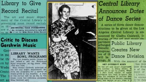 Gladys Caldwel with newspaper collage