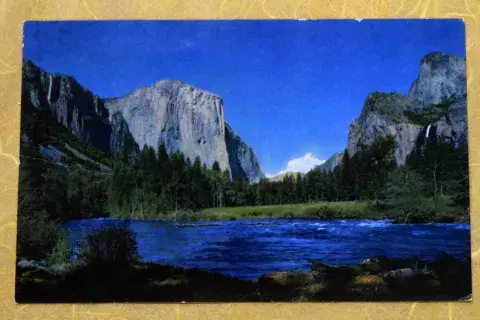 Front of postcard of the El Capitan mountain at Yosemite