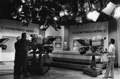 Anchors Jerry Dunphy and Christine Lund on the set of the KABC Channel 7 Eyewitness News